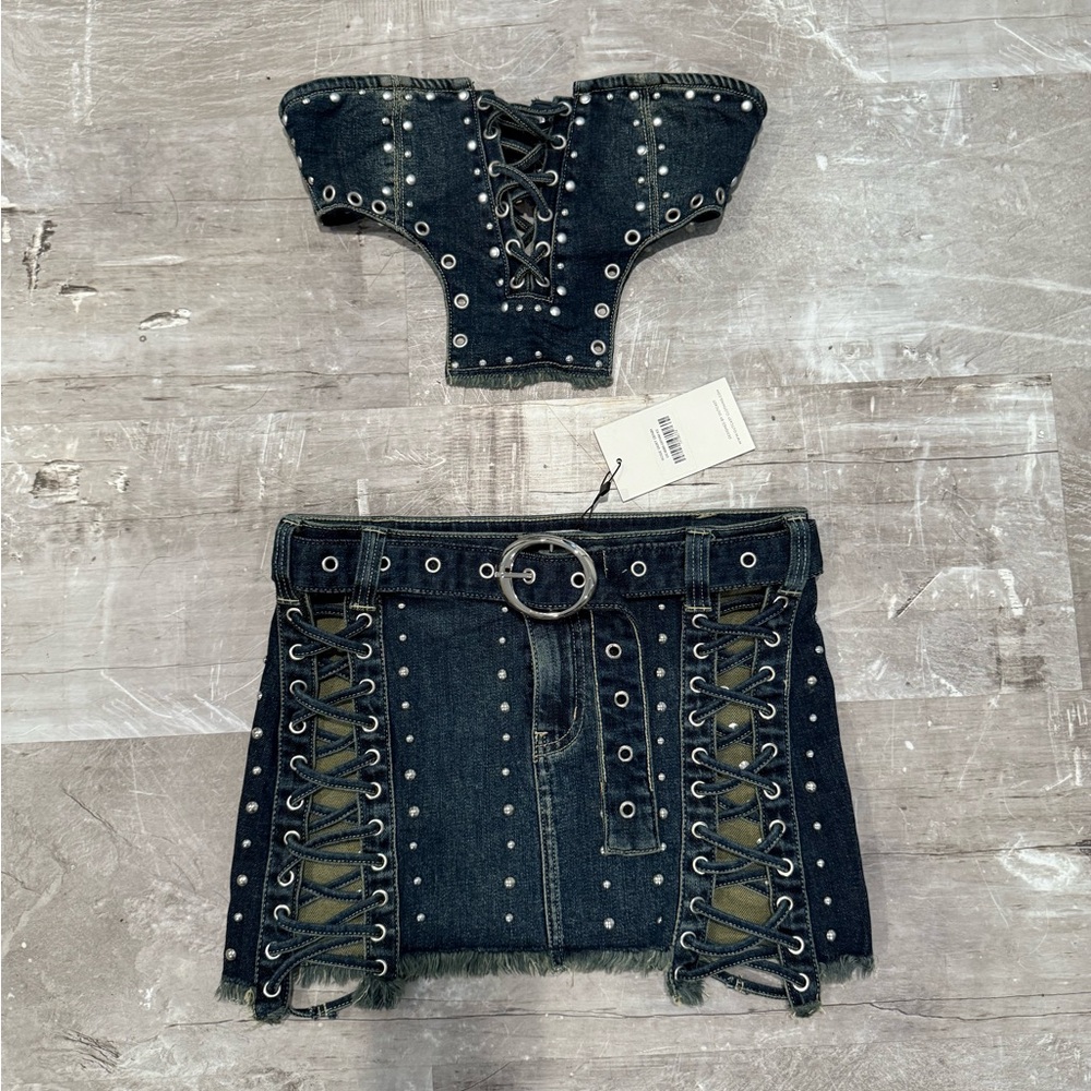 Denim Studded Skirt Set